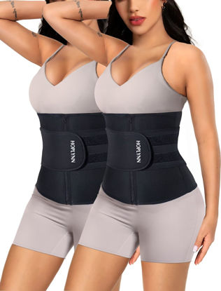 Picture of HOPLYNN 2 Pack Neoprene Sweat Waist Trainer Corset Trimmer Shaper Belt for Women, Workout Plus Size Waist Cincher Stomach Wraps Bands Black X-Large