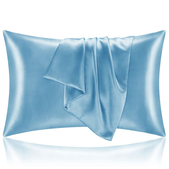 Picture of BEDELITE Satin Silk Pillowcase for Hair and Skin, Blue Pillow Cases Standard Size Set of 2 Pack, Super Soft Pillow Case with Envelope Closure (20x26 Inches)