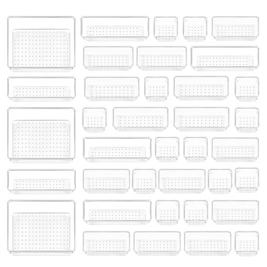 Picture of Vtopmart 37 PCS Clear Plastic Drawer Organizers Set, 4-Size Versatile Bathroom and Vanity Drawer Organizer Trays, Storage Bins for Makeup, Jewelries, Kitchen Utensils and Office