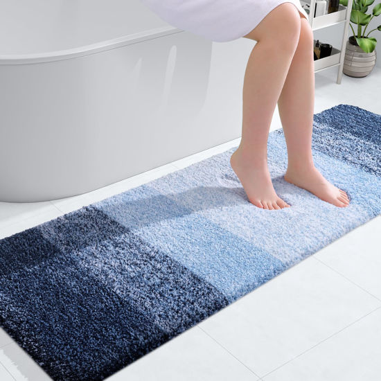 Picture of OLANLY Luxury Bathroom Rug Mat, Extra Soft and Absorbent Microfiber Bath Rugs, Non-Slip Plush Shaggy Bath Carpet Runner, Machine Wash Dry, Bath Mats for Bathroom Floor, Tub and Shower, 59x20, Navy