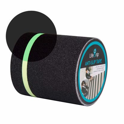 Picture of Anti Slip Traction Tape with Glow in Dark Green Stripe, 6 Inch x 33 Foot - Best Grip, Friction, Abrasive Adhesive for Stairs, Tread Step, Indoor, Outdoor, Black (6" x 33')