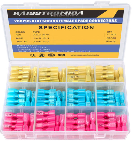 Picture of haisstronica 200PCS Heat Shrink Female Spade Connectors,22-10 Gauge Electrical Spade Wire Connectors,Quick Disconnect Wire Connectors,Female Spade Terminla