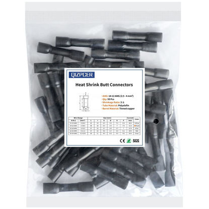 Picture of 50 Pcs Black Heat Shrink Butt Connectors, 14-12 AWG Marine Grade Insulated Crimp Wire Connectors, Waterproof Electrical Connectors Butt Splice for Boat Truck Wiring