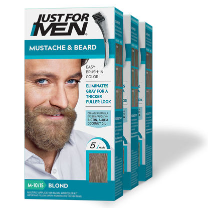 Picture of Just For Men Mustache & Beard, Beard Dye for Men with Brush Included for Easy Application, With Biotin Aloe and Coconut Oil for Healthy Facial Hair - Blond, M-10/15, Pack of 3