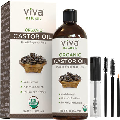 Picture of Organic Castor Oil for Eyelashes and Eyebrows - 16 fl oz, USDA Organic, Pure Hexane-Free Moisturizer Traditionally Used for Hair Growth, Natural Skin and Eyelash Serum, Cold Pressed with Beauty Kit