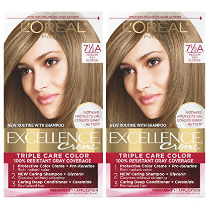 Picture of L'Oreal Paris Excellence Creme Permanent Hair Color, 7.5A Medium Ash Blonde, 100 percent Gray Coverage Hair Dye, Pack of 2