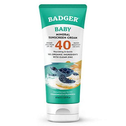 Picture of Badger Baby Mineral Sunscreen Cream SPF 40, Organic Toddler Sunscreen with Zinc Oxide, Broad Spectrum, Reef Safe, Water Resistant, Pediatrician Tested Baby Sunblock for Sensitive Skin, 2.9 fl oz