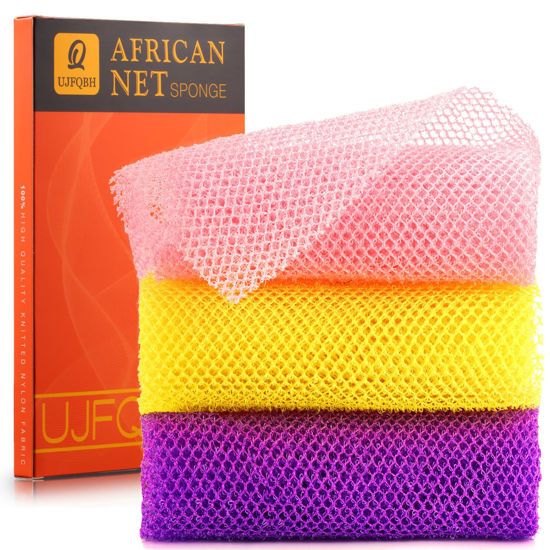 Picture of UJFQBH 3 Pieces African Bath Sponge African Net Long Net Bath Sponge Exfoliating Shower Body Scrubber Back Scrubber Skin Smoother,Great for Daily Use (Pink,Yellow,Purple)