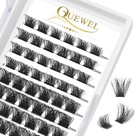 Picture of QUEWEL Cluster Lashes 72 Pcs Wide Stem Individual Lashes C/D Curl 8-16mm Length DIY Eyelash Extension False Eyelashes Natural&Mega Styles Soft for Personal Makeup Use at Home (Mega-D-MIX8-16)