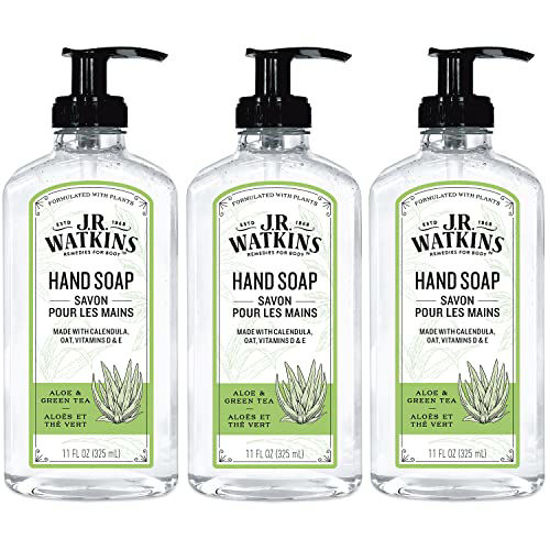 Picture of J.R. Watkins Liquid Hand Soap With Dispenser, Moisturizing Hand Soap, Alcohol-Free Hand Wash, Cruelty-Free, USA Made Liquid Soap For Bathroom or Kitchen, Aloe & Green Tea, 11 Fl Oz, 3 Pack