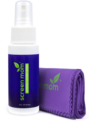 Picture of Screen Mom Screen Cleaner Kit for Laptop, Phone Cleaner, iPad, Eyeglass, LED, LCD, TV - Includes 2oz Spray and 2 Purple Cleaning Cloths