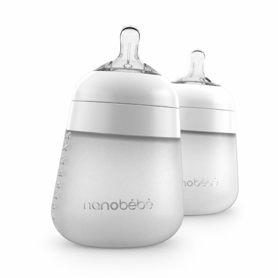 Picture of Nanobebe Flexy Silicone Baby Bottles, Anti-Colic, Natural Feel, Non-Collapsing Nipple, Non-Tip Stable Base, Easy to Clean - 2-Pack, White, 9 oz