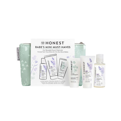 Picture of The Honest Company Babe's Mini Must Haves Gift Set | Travel Size Lavender Shampoo + Body Wash (2 fl oz), Face + Body Lotion (1 fl oz), Organic All Purpose Balm (.75 oz), Reusable Pouch