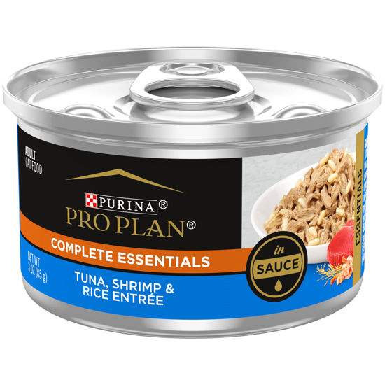 Picture of Purina Pro Plan Gravy, High Protein Wet Cat Food, COMPLETE ESSENTIALS Tuna, Shrimp & Rice Entree in Sauce - (24) 3 oz. Pull-Top Cans