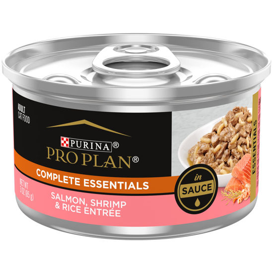 Picture of Purina Pro Plan Pate, Gravy Wet Cat Food, COMPLETE ESSENTIALS Salmon, Shrimp & Rice Entree in Sauce - (24) 3 Oz. Pull-Top Cans