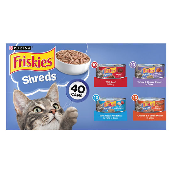 Picture of Purina Friskies Wet Cat Food Variety Pack, Shreds Beef, Turkey, Whitefish, and Chicken & Salmon - (40) 5.5 oz. Cans