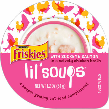 Picture of Purina Friskies Natural, Grain Free Wet Cat Food Complement, Lil' Soups With Sockeye Salmon in Chicken Broth - (8) 1.2 oz. Cups