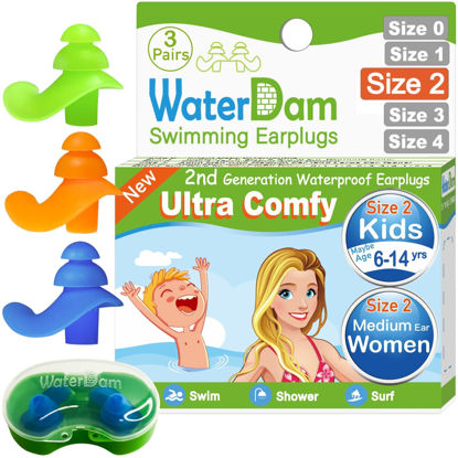 Picture of WaterDam Swimming Ear Plugs Great Waterproof Ultra Comfy Earplugs Prevent Swimmer's Ear (Size 2+2+2: Kids Teens Medium Ear Women Small Ear Men (Green Orange Blue))