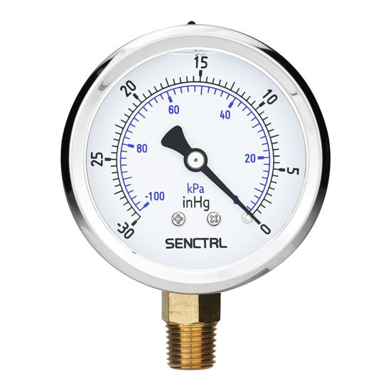 Picture of SENCTRL 30 inHg Vacuum Silicone Oil Liquid Filled Low Pressure Gauge, 2.5" Dial Size, 1/4" NPT Lower Mount, Stainless Steel Case, for Air Conditioning Manifolds, HVAC, Air Pump Vacuum Test