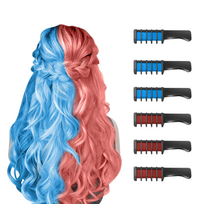 Picture of New Hair Chalk Comb Temporary Bright Hair Color Dye for Girls Kids, Washable Hair Chalk for Girls Age 4 5 6 7 8 9 10 New Year Birthday Cosplay DIY Halloween, Christmas (Red & Blue)