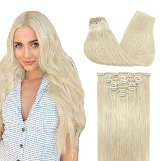 Picture of GOO GOO Hair Extensions, Clip in Hair Extensions Human Hair Platinum Blonde 120g 7pcs 16 Inch Remy Human Hair Extensions Thick Straight Hair for Women