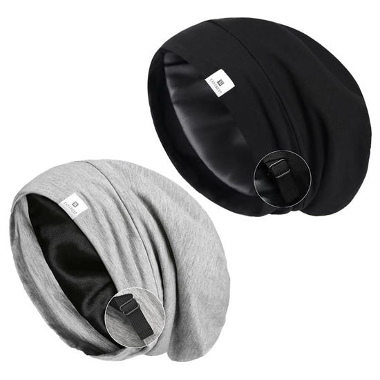 Picture of YANIBEST 2 Pcs Silk Bonnet Satin Bonnet Hair Cover Bonnet Sleep Cap - Adjustable Saty on Satin Lined Slouchy Beanie Hat for Women Curly Natural Hair Night Sleeping