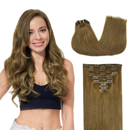 Picture of GOO GOO Clip in Human Hair Extensions Remy Medium Brown Clip in Straight Real Hair Extensions Natural Hair 105g 16 inch