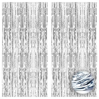 Picture of KatchOn, XtraLarge, 6.4x8 Feet Silver Backdrop Curtain - Pack of 2 | Silver Streamers Backdrops for Photoshoot | Silver Fringe Backdrop for Parties, Silver Foil Fringe Curtain, Disco Party Decorations