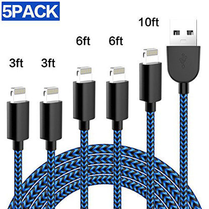 Picture of TNSO [5 Pack] iPhone Charger Lightning Cable USB Charger Cord Nylon Braided Compatible iPhone X/8/8 Plus/7/7 Plus/6/6 Plus/6S/6S Plus/5/5S/SE,iPad,iPod (black and blue)