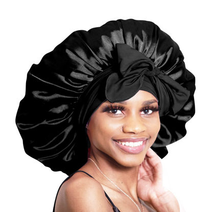 Picture of BONNET QUEEN Silk Bonnet for Sleeping Satin Bonnet Hair Bonnets Large Bonnets Hair Wrap Sleep Bonnets with Tie Band for Women Curly Hair Braids Locs Black