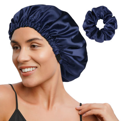 Picture of YANIBEST Satin Bonnet Silk Bonnet Hair Bonnet for Sleeping Satin Cap Extra Large Reversible for Women Curly Natural Hair Navy Blue