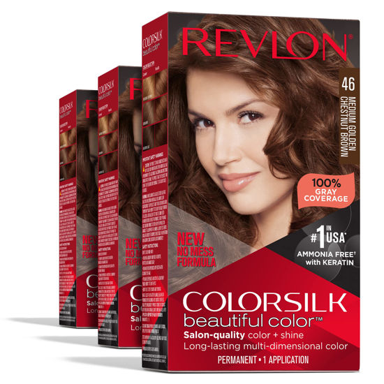 Picture of Permanent Hair Color by Revlon, Permanent Brown Hair Dye, Colorsilk with 100% Gray Coverage, Ammonia-Free, Keratin and Amino Acids, Brown Shades (Pack of 3)