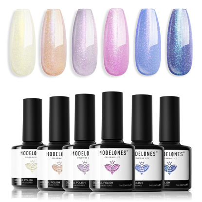 Picture of Modelones Chameleon Gel Nail Polish Set - 6 Colors Glitter Pink Blue Yellow Gel Polish Starter Kit Summer Colors Soak Off Phantom Nail Polish Kit Nail Lamp Manicure Nail Art DIY Salon Home Holiday Gift for Girl