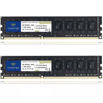 Picture of Timetec 16GB KIT(2x8GB) DDR3L / DDR3 1600MHz (DDR3L-1600) PC3L-12800 / PC3-12800 Non-ECC Unbuffered 1.35V/1.5V CL11 2Rx8 Dual Rank 240 Pin UDIMM Desktop PC Computer Memory RAM(SDRAM) Module Upgrade