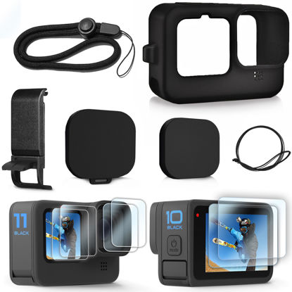 Picture of FitStill Silicone Sleeve Case for Go Pro Hero 11 /Hero 10 /Hero 9 Black, Battery Side Cover & Screen Protectors & Lens Caps & Lanyard for Go Pro Hero 11 /10 / 9 Accessories Kit