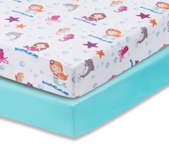 Picture of Everyday Kids 2 Pack Fitted Girls Crib Sheet, 100% Soft Breathable Microfiber Baby Sheet, Fits Standard Size Crib Mattress 28in x 52in, Nursery Sheet - Mermaid/Aqua