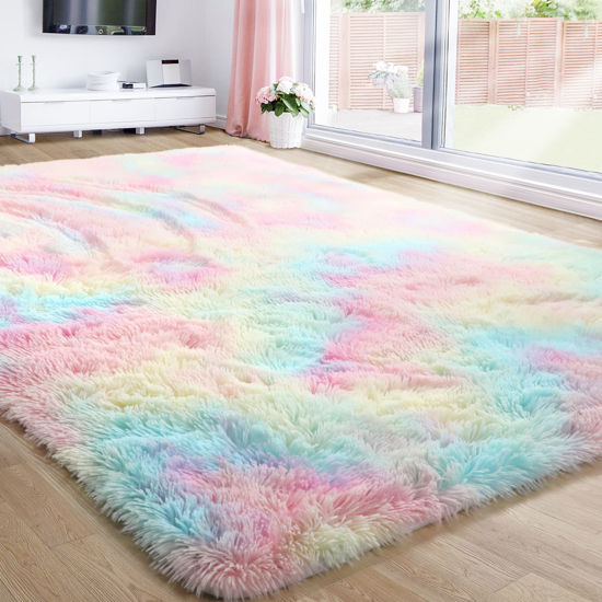 Picture of Rainbow Runner Rugs for Girls Bedroom, Unicorn Room Decor, Pastel Area Rug for Kids, Shag Carpet for Nursery, Soft Play Mat for Baby, Fuzzy Rug for Living Room, Plush Rug for Playroom, Throw Rug 3x5