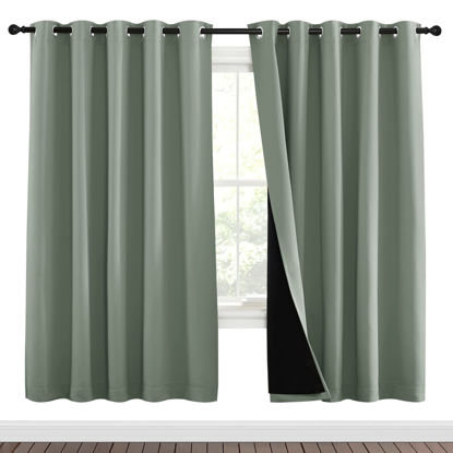 Picture of NICETOWN 100% Blackout Window Curtain Panels, Full Light Blocking Drapes with Black Liner for Nursery, 72-inch Drop Thermal Insulated Draperies (Greyish Green, 2 Pieces, 70-inch Wide Per Panel)