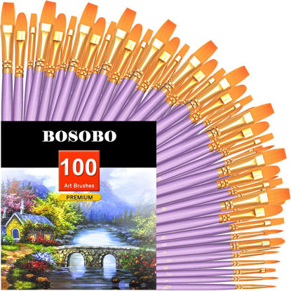 Picture of BOSOBO Paint Brushes Set, 10 Pack 100 Pcs Round Pointed Tip Paintbrushes Nylon Hair Artist Acrylic Paint Brushes for Acrylic Oil Watercolor, Face Nail Art, Miniature Detailing & Rock Painting, Purple