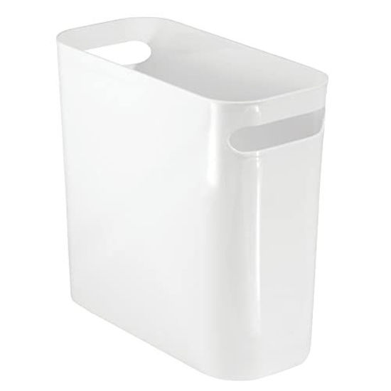 Picture of mDesign Plastic Small Trash Can, 1.5 Gallon/5.7-Liter Wastebasket, Narrow Garbage Bin with Handles for Bathroom, Laundry, Home Office - Holds Waste, Recycling, 10" High - Aura Collection, White