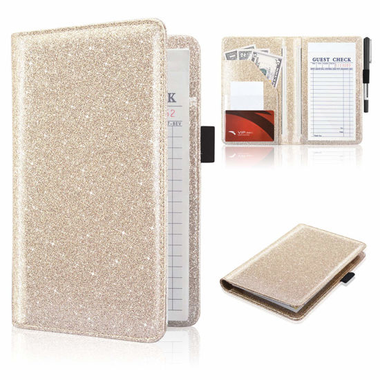 Picture of ACdream Server Books for Waitress, Guest Book Note Pad, Cute Pocket Leather Money Organizer Wallet, Cash Check Bill Receipt Holder Presenter, Waiter Accessories, Glitter Gold