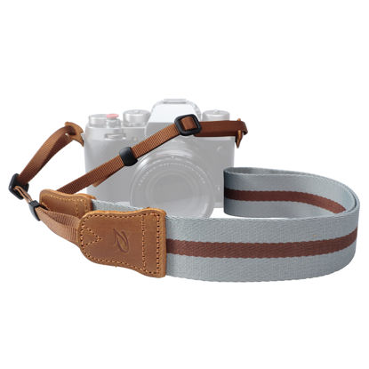 Picture of PADWA Grey Brown Stripe Camera Strap - Double Layer top-grain Cowhide Head,1.5"Wide Pure Cotton Woven Camera Strap,Universal Neck & Shoulder Strap for All DSLR Cameras,Great Gift for Photographers