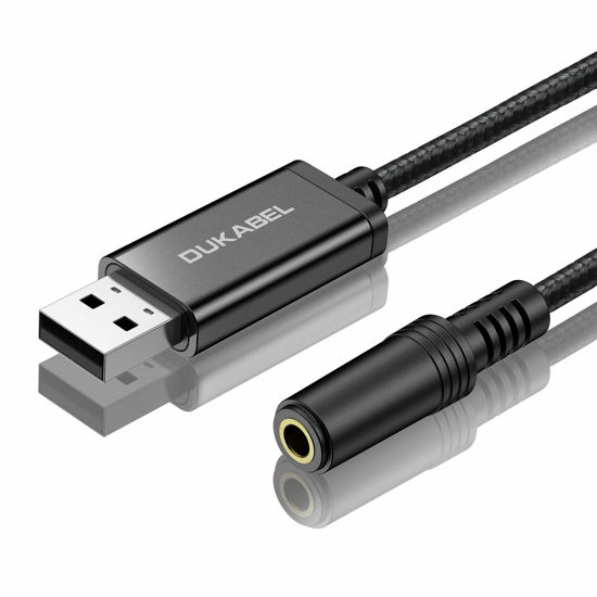 Picture of DUKABEL USB to 3.5mm Jack Audio Adapter, 45 inch TRRS USB-A to Headphone AUX Adapter Built-in Chip External Stereo Sound Card for Computer PS4 PS5 - Black