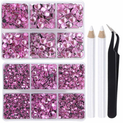 Picture of LPBeads 6400 Pieces Hotfix Rhinestones Pink Flat Back 5 Mixed Sizes Crystal Round Glass Gems with Tweezers and Picking Rhinestones Pen