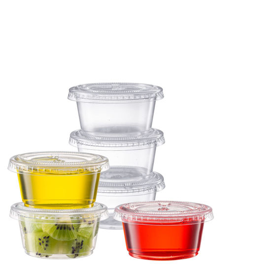 Picture of Pantry Value [100 Sets - 2 oz.] Jello Shot Cups with Lids, Small Plastic Condiment Containers for Sauce, Salad Dressings, Ramekins, & Portion Control