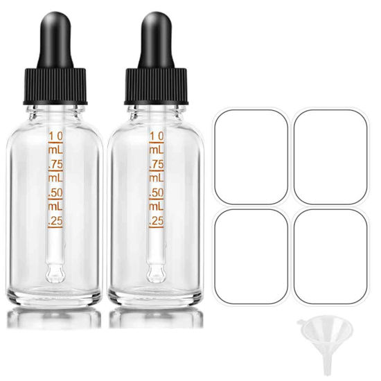 Picture of Bumobum Dropper Bottle 2 oz, Clear Glass Eye Dropper Bottles for Essential Oils with Labels and Funnel, 2 pack Tincture Bottle 60 ml with Measured Dropper