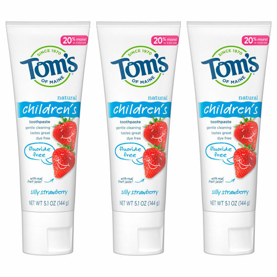 Picture of Tom's of Maine Fluoride Free Kids Toothpaste, Natural, Silly Strawberry, Children, Dye Free, No Artificial Preservatives, 2+ years, 5.1 oz. 3-Pack