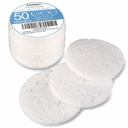 Picture of 50-Count Compressed Facial Sponges, GAINWELL White Cellulose 100% Natural Cosmetic Spa Sponges for Facial Cleansing, Exfoliating Mask, Makeup Removal