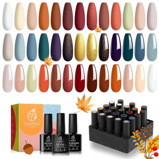 Picture of Beetles 23Pcs Gel Nail Polish Kit with Base Gel Top Coat Reason and Romance Collection Orange Brown Burgundy Red Gray Golden Soak off U V Nail Lamp Gel Polish Set Manicure Gifts for Women