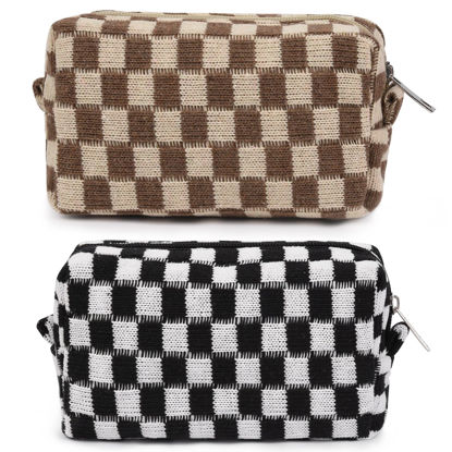 Picture of SOIDRAM 2 Pieces Makeup Bag Checkered Cosmetic Bag Black Brown Makeup Pouch Travel Toiletry Bag Organizer Cute Makeup Brushes Storage Bag for Women